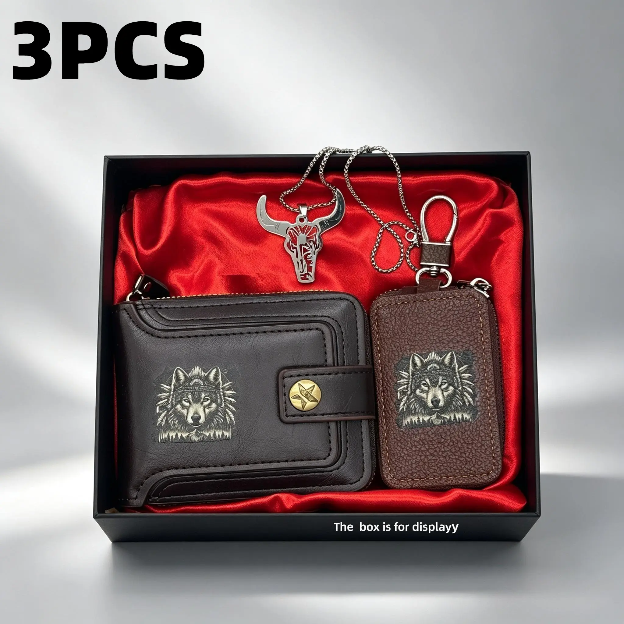 Men 3Pcs Wolf Totem Gift Set Embossed Zipper Leather Wallet Matching Keycase Bull Head Pendant Necklace Luxury Gift Box For Him Birthday Present