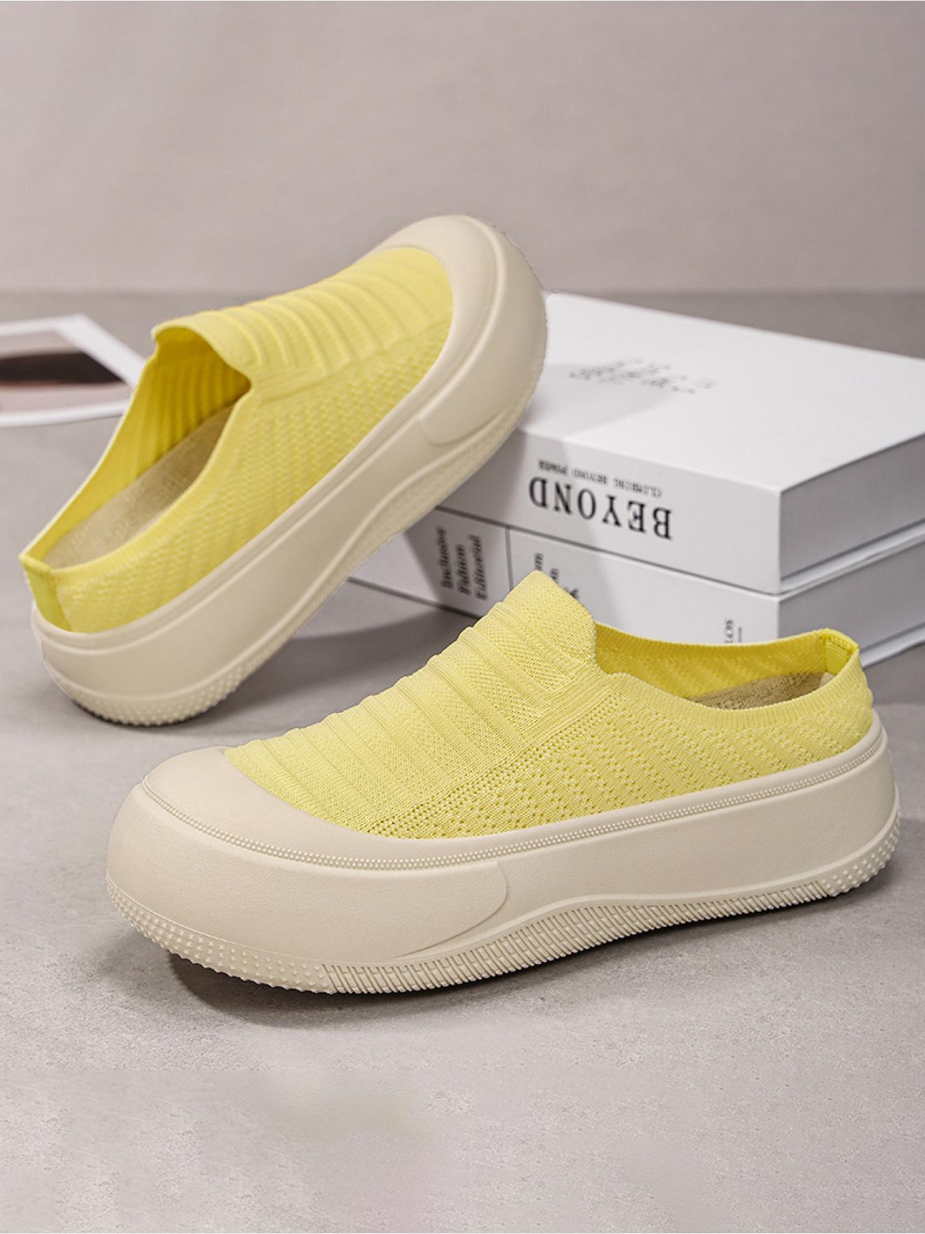 YYW1 Women's Slip-On Casual Trainers, Breathable Flyknit Textile Shoes, Thick Sole, Lightweight PVC Plain Shoes for Daily Commute, Indoor-Outdoor Wear