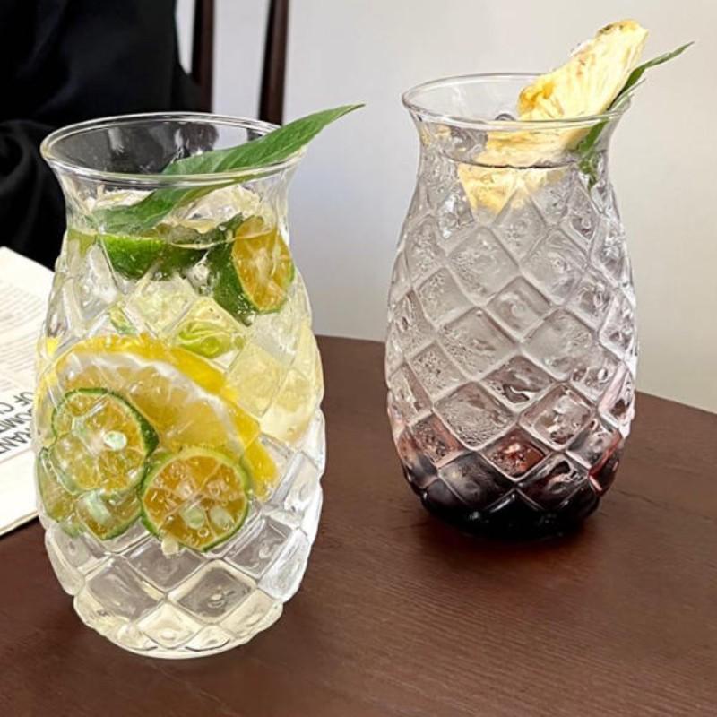 Creative Embossed Pineapple Glass Cups, Drinking Glasses, Glass Beverage Cups, Unique Glass Mugs for Coffee, Cold Drinks & Sparkling Water, Glass Iced Coffee Cups, Stylish Drinkware for Home Use