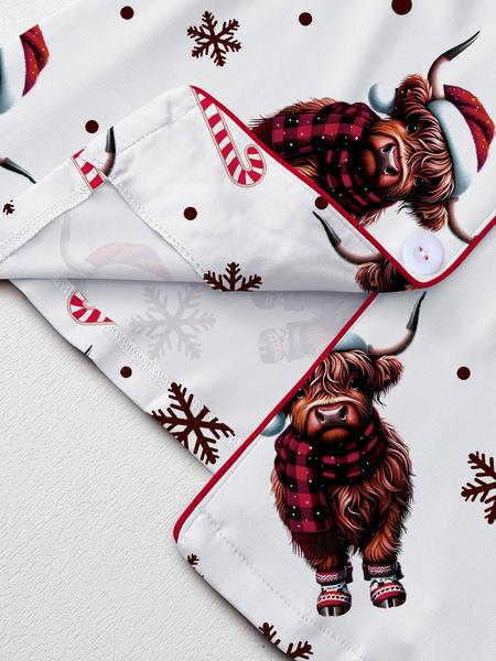 【Christmas Pajamas】Cute Highland Cow Animal Print Short Sleeve Pajama Set, Comfortable Sleepwear for All Seasons, Christmas Gift