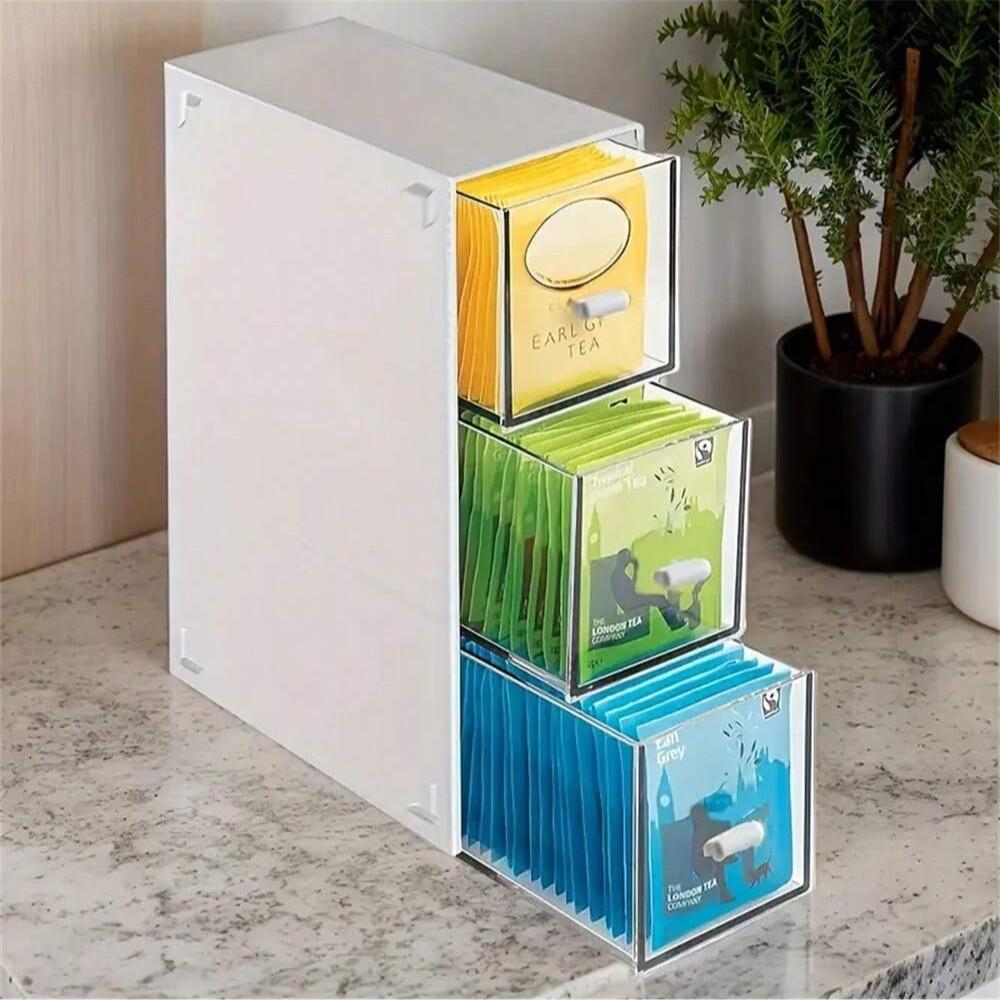 3 Layer Tea Bag Storage Box, Multi-Compartment Plastic Organizer, Multi Compartment Design, Dustproof Drawer Box for Coffee Capsules, Kitchen & Office Use, Kitchen Home Storage, Multilayer Storage