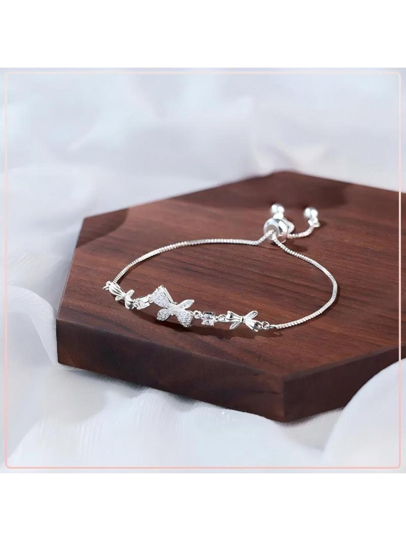 Zircon bow sparkling sweet women's silver crystal aesthetic bracelet - silver