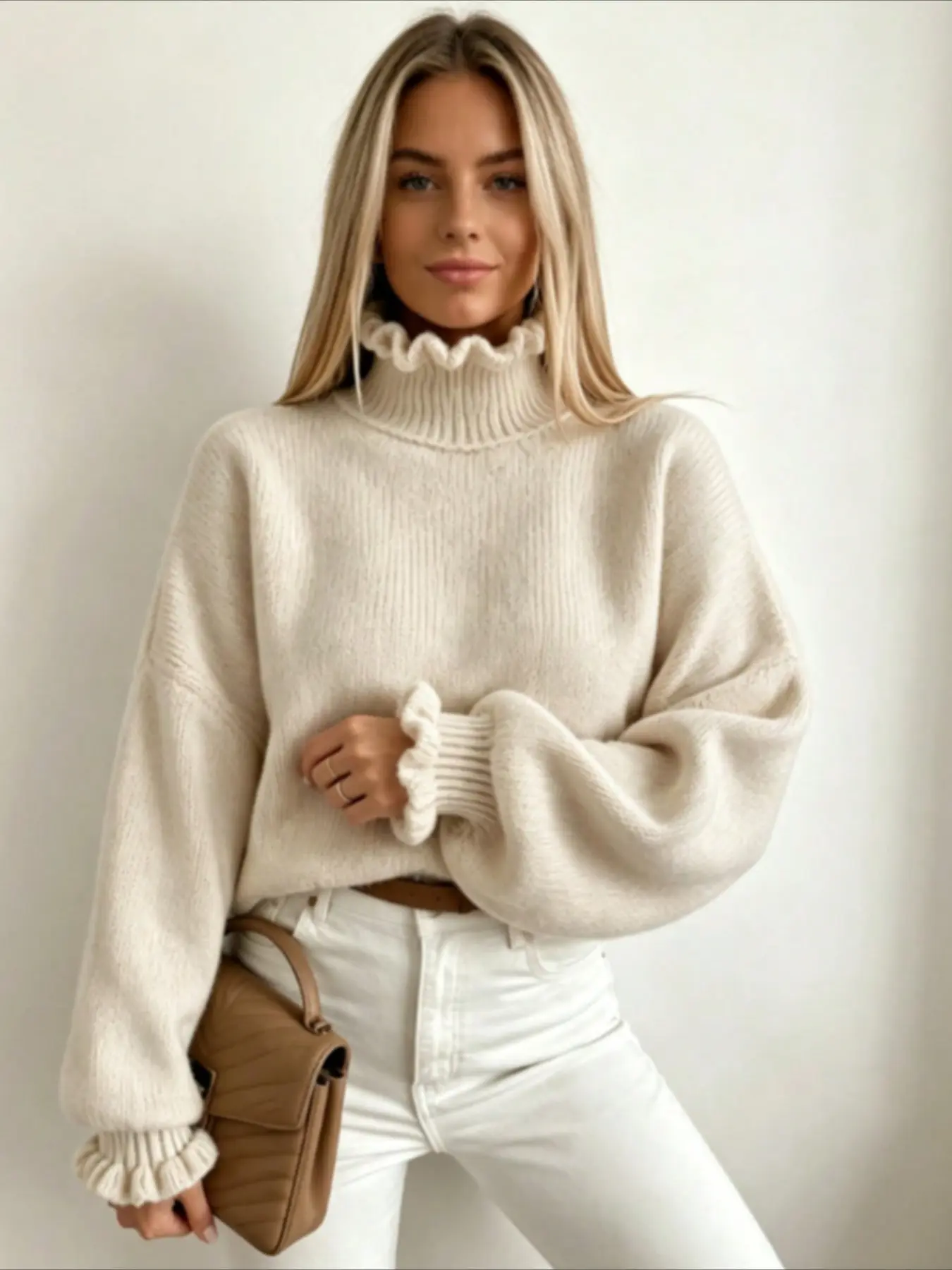 Women's Oversize Long Sleeve Pullover, Solid Color High Neck Knit Top, Fashionable Loose-Fitting Sweater for All Seasons