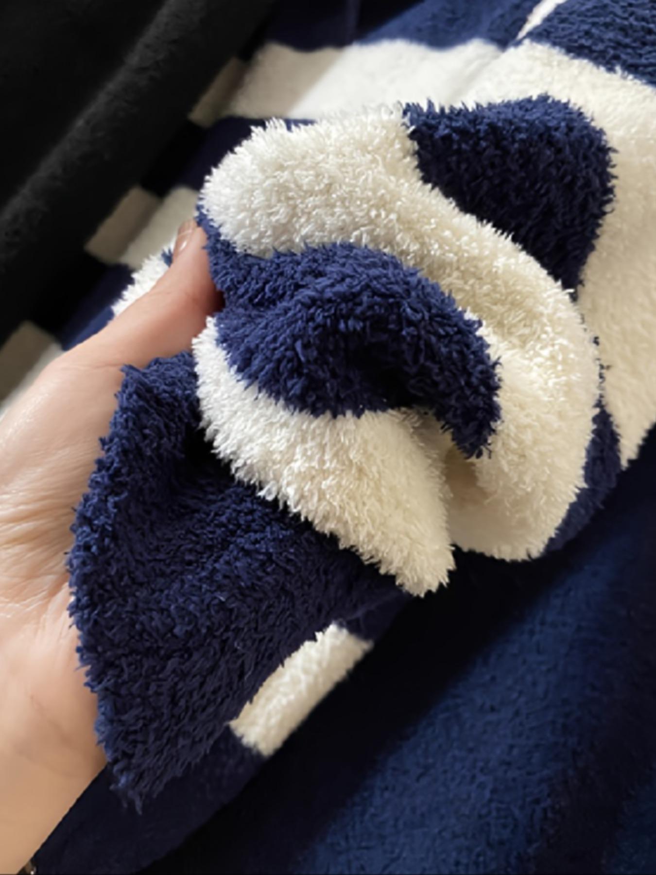 Women's Fall Winter Coral Fleece Striped Pajama Set, Long Sleeve Top and Pants, Loose-Fitting Casual Homewear, Knit Loungewear, Outer Wear Sleepwear