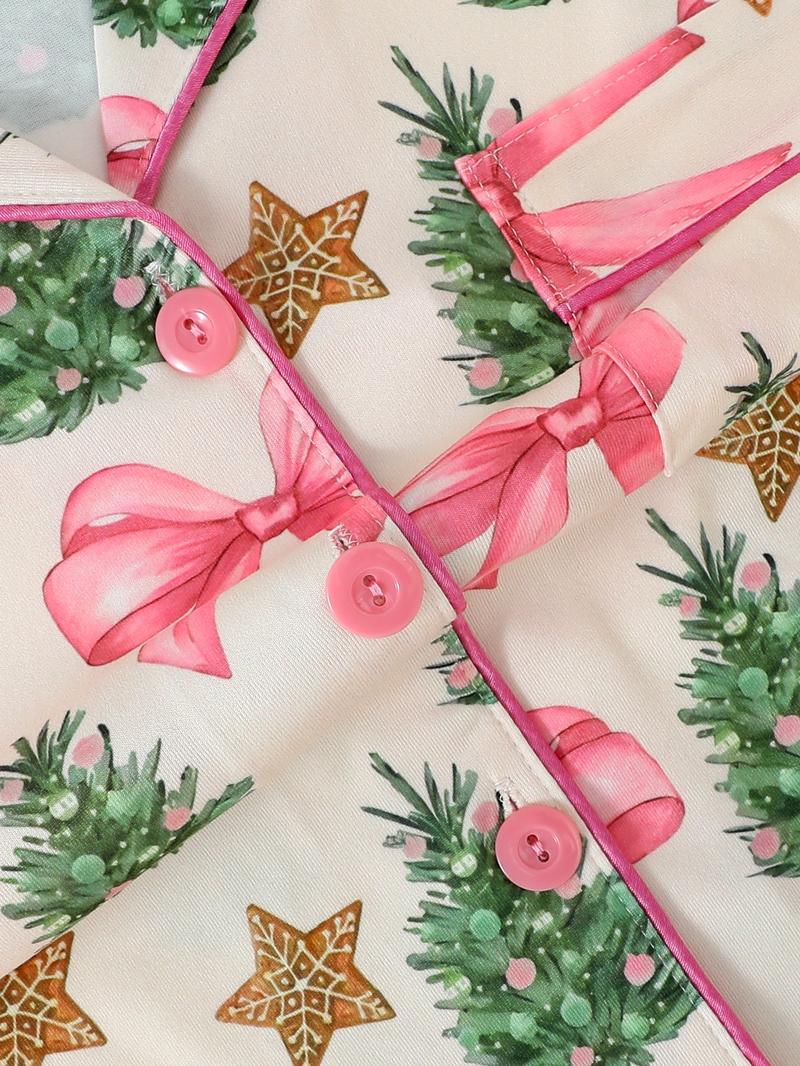 3-Piece Women's Autumn Winter Pajama Set, Long Sleeve Button-Up with Christmas Tree Print, Includes Long Pants & Shorts, Comfortable for All Seasons