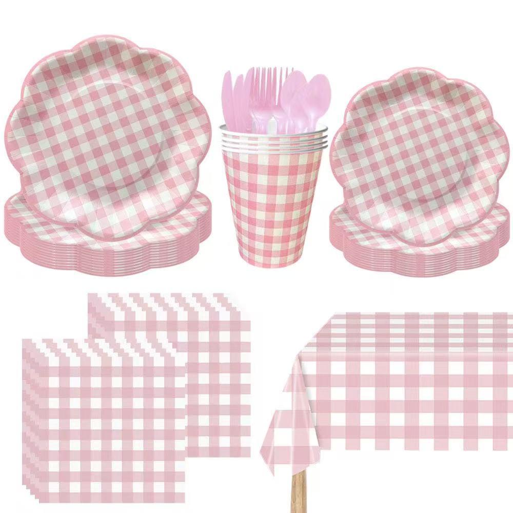 Party Supplies Set, 10-Person Plaid Design, Includes Tablecloth, Paper Plates, Cups, Napkins, Cutlery, Ideal for Birthday Parties