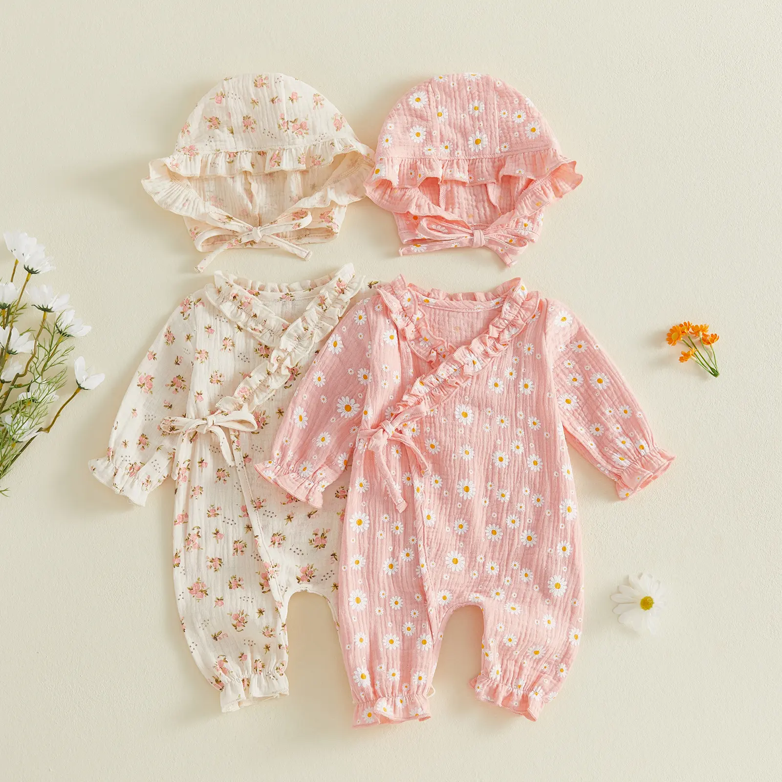 Newborn Baby Girl Romper Daisy Print V-Neck Long Sleeves Jumpsuit Bonnet Hat Fall Winter 0-6 Months