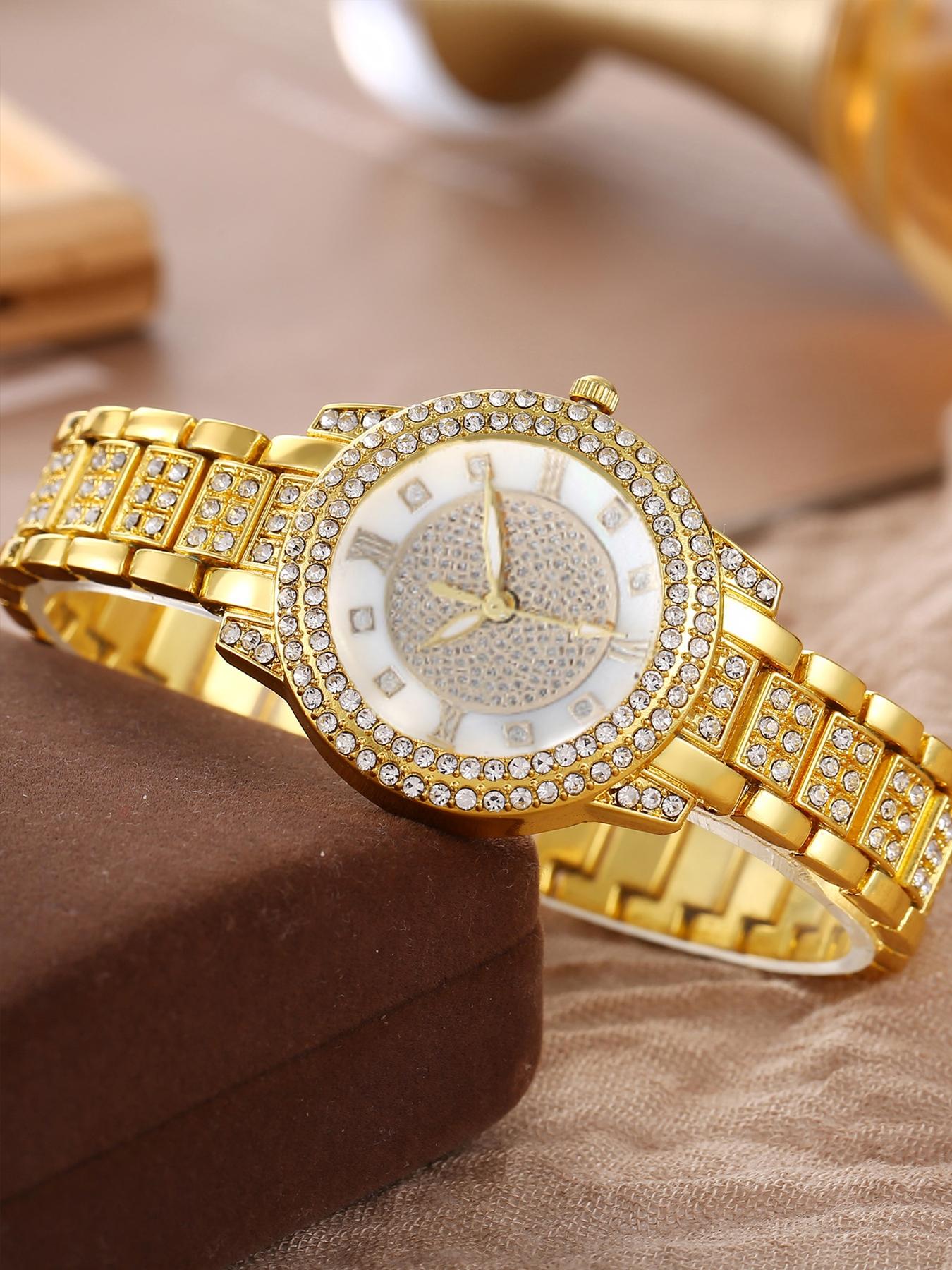2-piece set of ladies' diamond-encrusted Roman numeral watch and bracelet