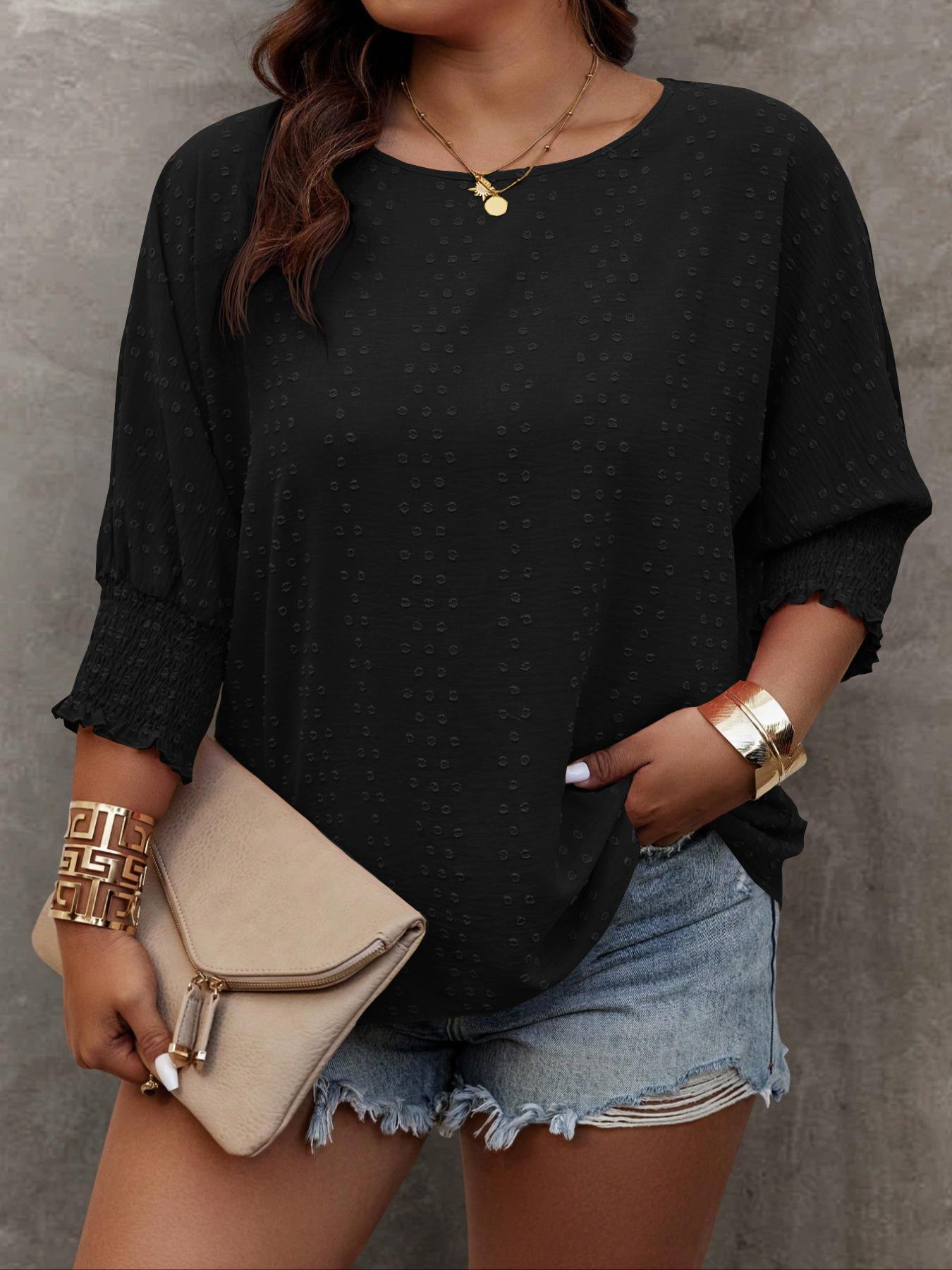 【 Plus Size】 Solid Embroidery Blouse, Casual Basic Round Neck Top for Daily Wear, Women's Clothing for All Seasons, Womenswear