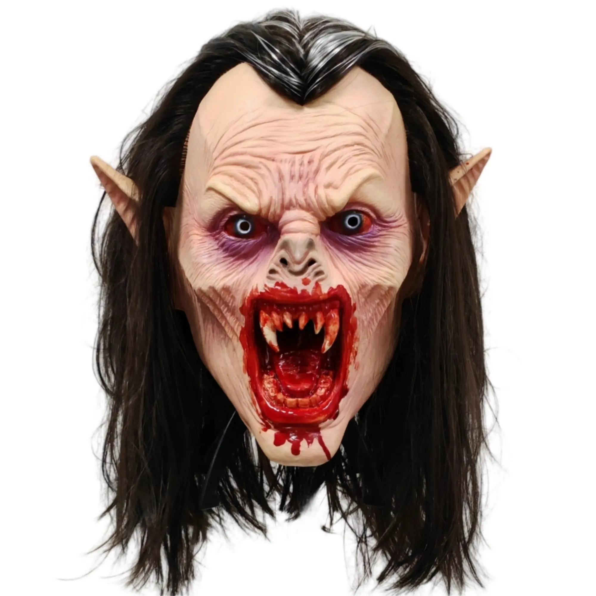Creepy Vampire Mask with Bloody Fangs and Long Hair, Scary Full Head Latex Dracula Monster Mask, Halloween Costume Prop for Cosplay Party