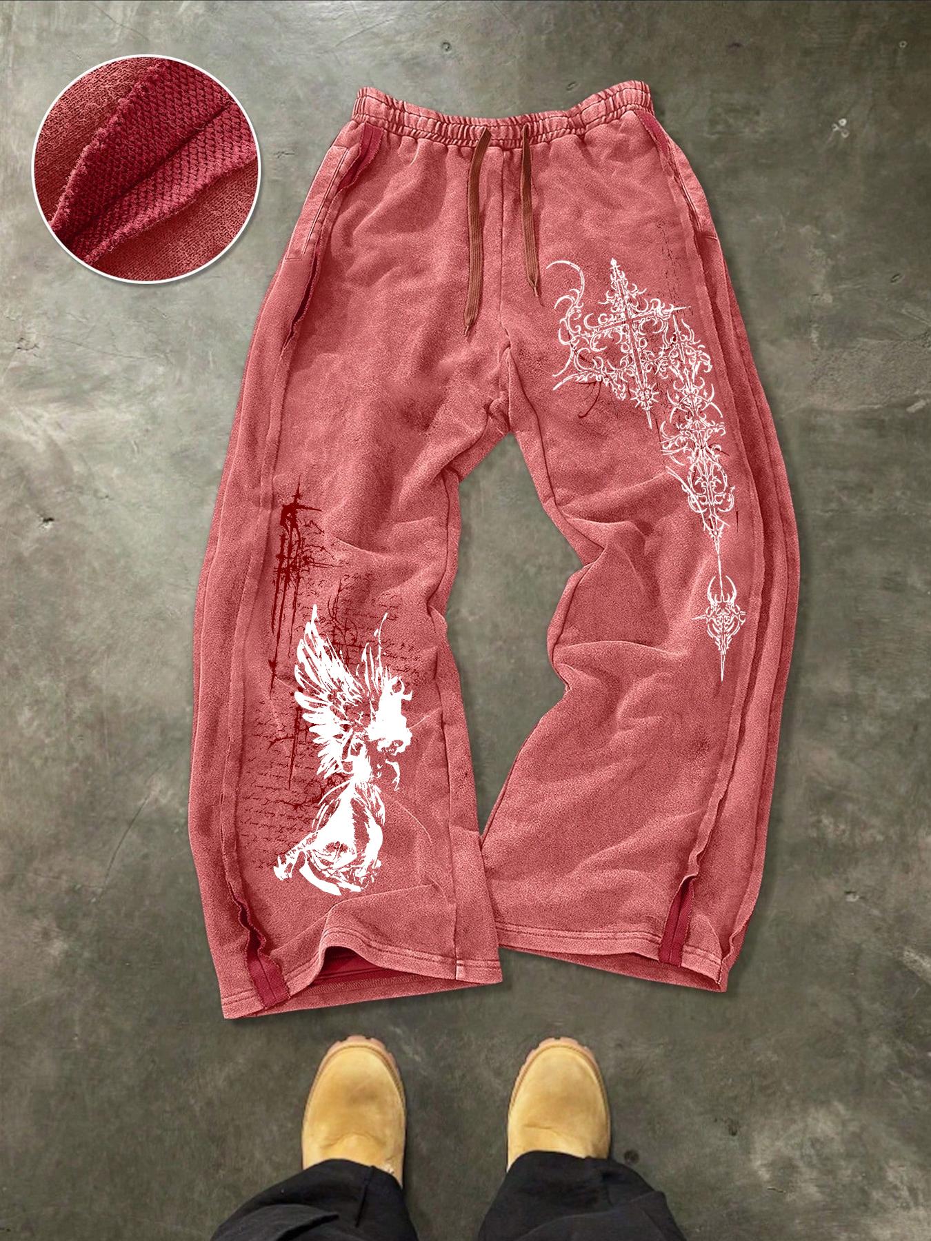 Men's Washed Cotton Sweatpants with Side Hem Stitching Design, Gothic Print Pattern, Comfortable Casual Pants for Daily Wear