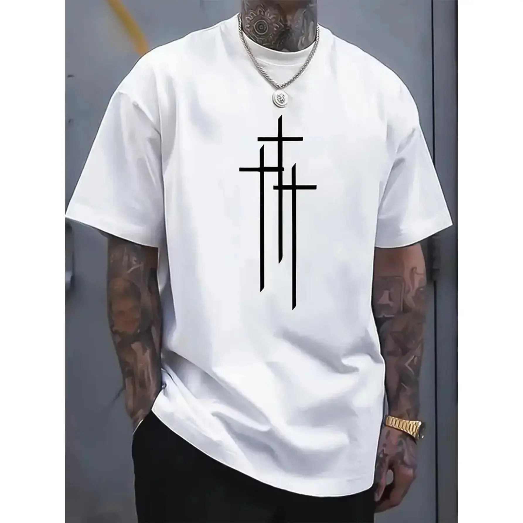 Men's Cross Graphic Print Short-Sleeve T-Shirt - Unisex Relaxed Fit 100% Cotton Clothing, Breathable, Machine Washable, Suitable for All Seasons