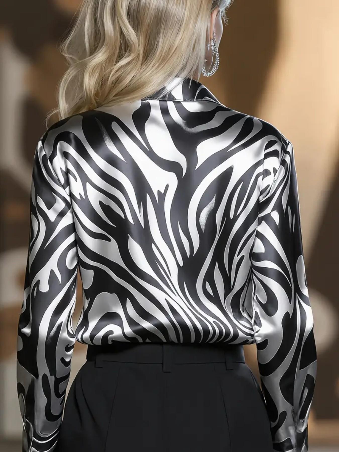 Elegant Satin Zebra Print Fitted Long Sleeve Blouse Shirts for Women, Spring & Fall Fashion, Stylish Ladies' Top, Comfortable and Chic Design
