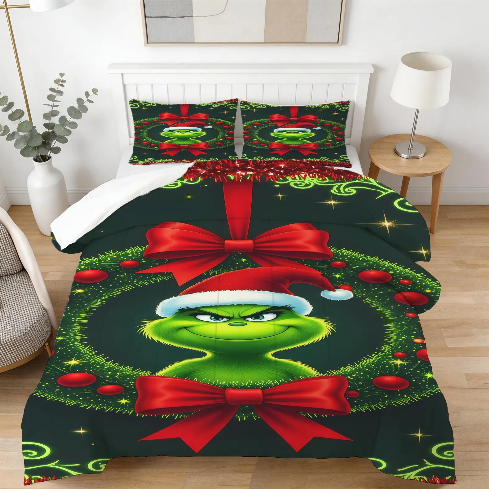 Green Hair Monster Pattern Comforter Set, Christmas Bedding Set, Includes 1 Comforter And 1 Or 2 Pillowcases Without Pillowcases, Suitable For Home Or Dormitory Decoration, Perfect For Holiday Gifts