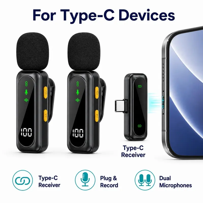 Wireless Microphone, Dual Lapel Recording Mic with USB C Receiver, 30 m Unobstructed Transmission, Clear Voice Pickup, Noise Reduction, noise canceling mic, Magnetic Quick Release and Digital Display for Vlogs, Interviews and Outdoor Videos