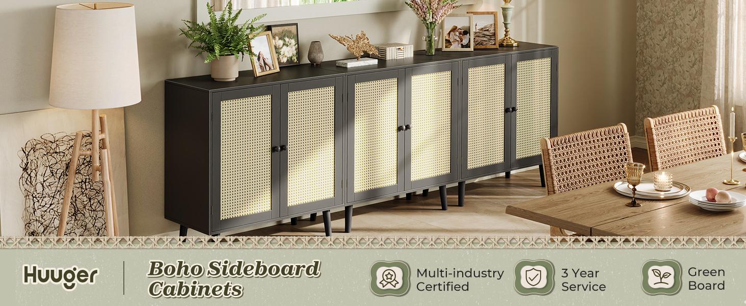 Huuger Buffet Cabinet with Storage, Storage Cabinet with PE Rattan Decor Doors, Media Console with Solid Wood Feet, Sideboard Cabinet for Hallway, Entry, Living Room