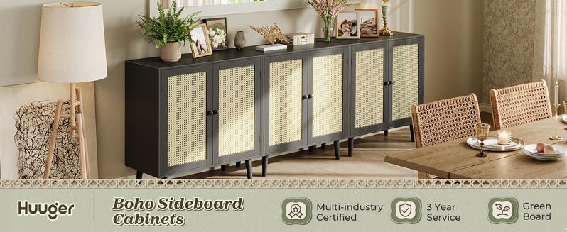 Huuger Buffet Cabinet with Storage, Storage Cabinet with PE Rattan Decor Doors, Media Console with Solid Wood Feet, Sideboard Cabinet for Hallway, Entry, Living Room