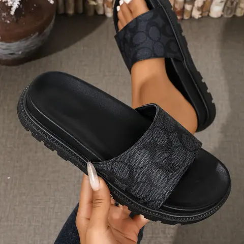 Simple Floral One-Word Women's Sandals, Thick Sole Height Increase Anti-Slip, &, Casual Daily Wear, PU Leather, Rubber Sole