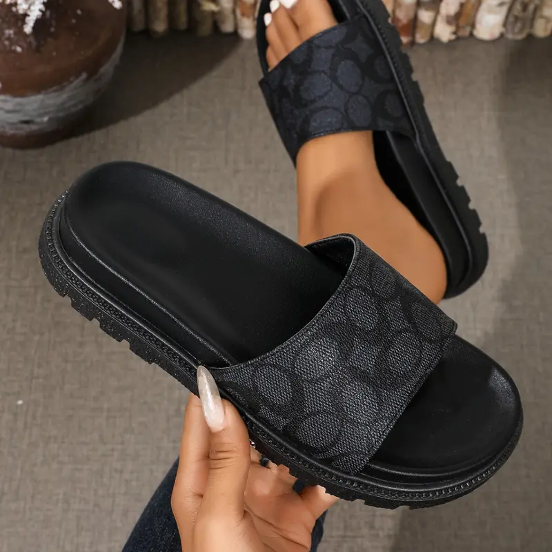 Simple Floral One-Word Women's Sandals, Thick Sole Height Increase Anti-Slip, &, Casual Daily Wear, PU Leather, Rubber Sole