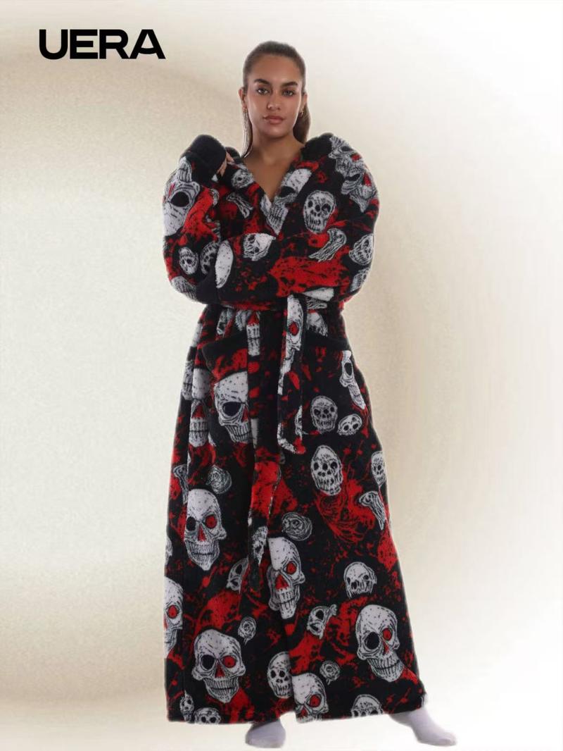 Skull Christmas Series Hooded Bathrobe, Elegant Casual Home Sleepwear, with Pockets, Long Sleeve, Fall & Winter Gift