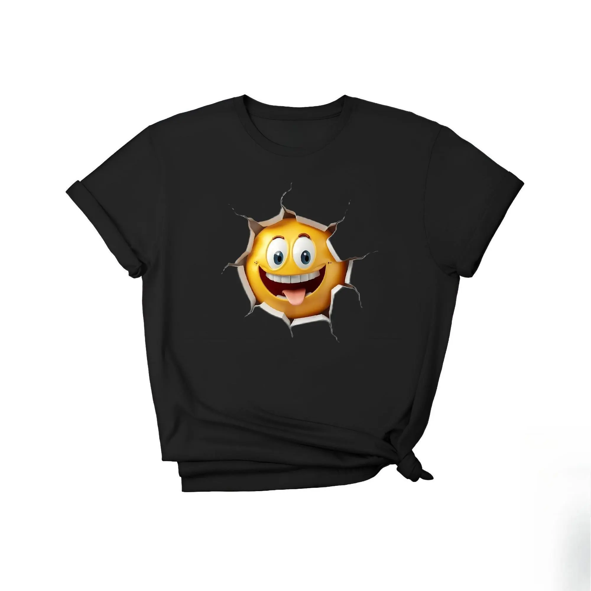 Emoji-print T-shirt — featuring a fun graphic design, this unisex, pure cotton short-sleeve tee offers a cute, trendy streetwear look. Soft and casual, it is suitable for everyday wear, parties, or gifting—a popular pop-culture style T-shirt. bundles