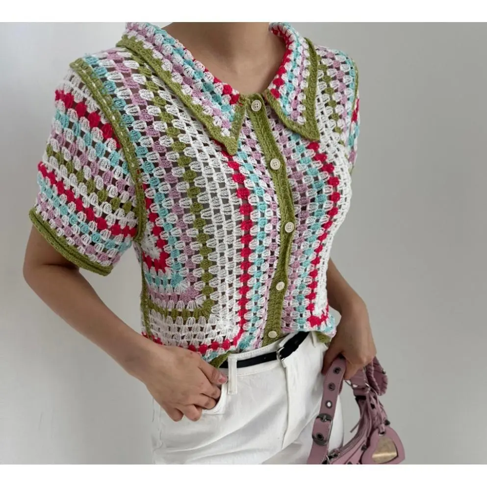 Rainbow Striped Crochet Shirt Collored Button-down Short Sleeve Openwork Knit Shirts Blouses Women Summer Boho Beach Outfit