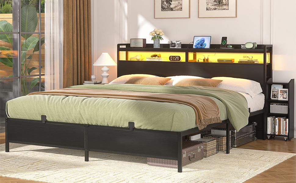 Homieasy King Size Bed Frame with Bookcase Storage Headboard and LED Light, King Bed Frame with Slide Out Bedside Cabinet and Power Outlet, Sturdy Metal Slat, No Box Spring Needed, Noise Free, Black corner bed frame Homieasy King Size Bed Frame with Bookcase Storage Headboard and LED Light, King Bed Frame with Slide Out Bedside Cabinet and Power Outlet, Sturdy Metal Slat, No Box Spring Needed, Noise Free, Black corner bed frame