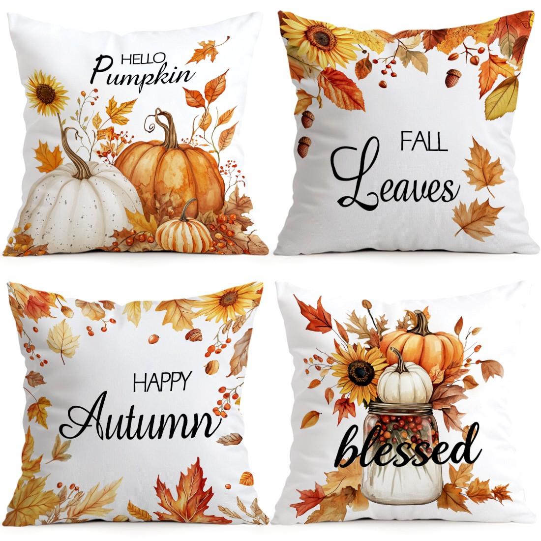4pcs Autumn Sunflower Maple Leaf Pattern Cushion Covers, Single-Sided Print, Home Decor for Living Room Bedroom, All Seasons