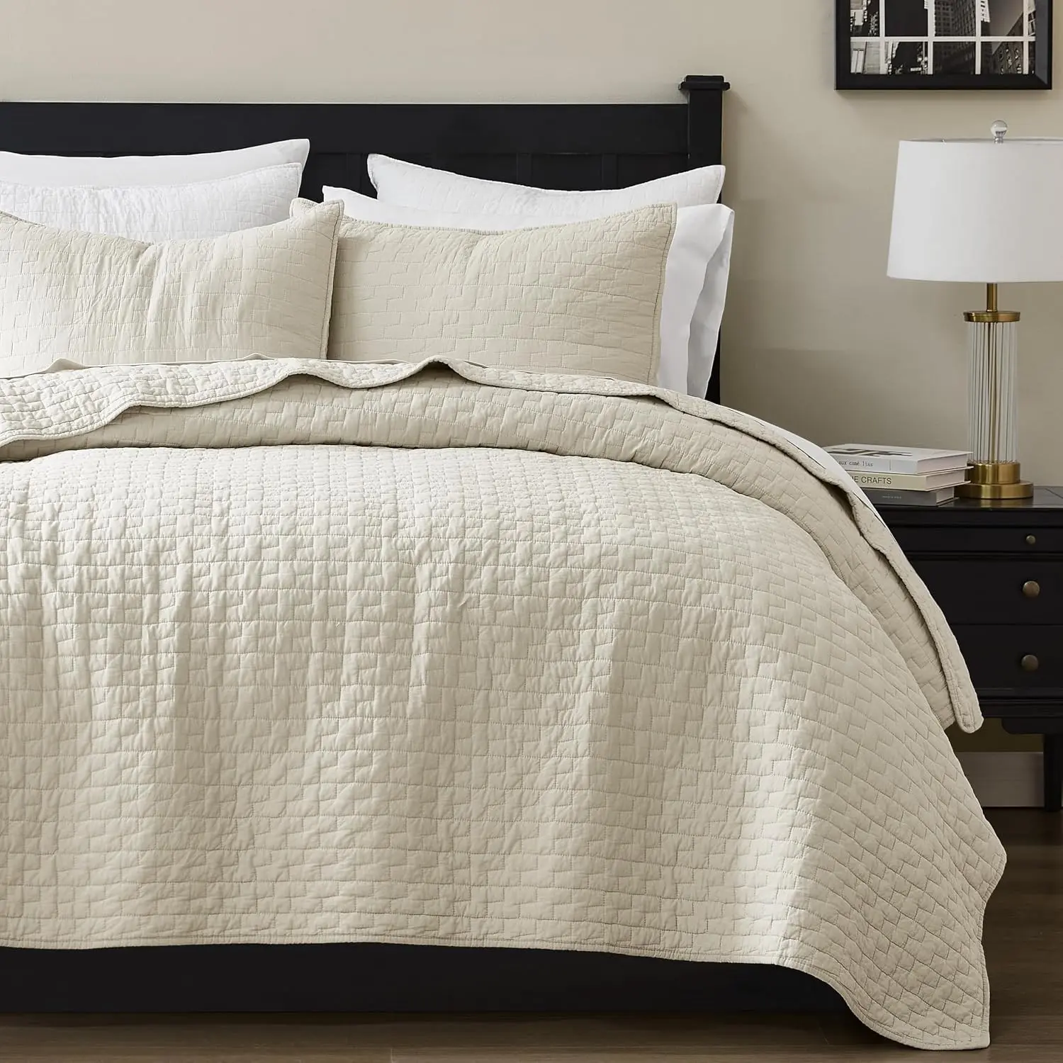 Beige 100% Cotton Quilt Queen Size Bedding Sets with 2 Pillow Shams, Textured Lightweight Soft Bedspread Shabby Chic Coverlet, Neutral Quilted Comforter Bed Cover for All Season, 3 Pieces