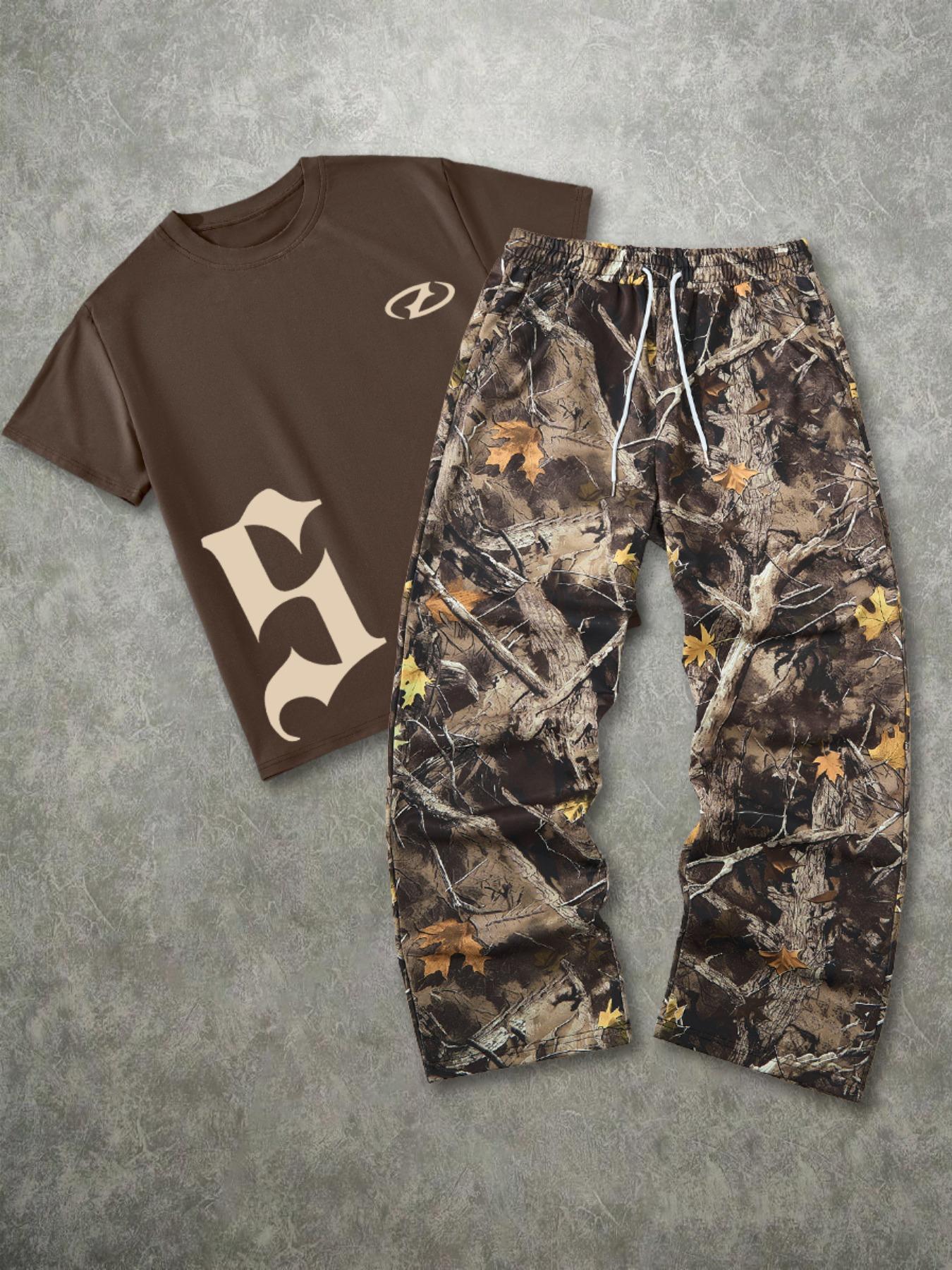 Men's Fashion Street Vintage Camo 2-Piece Set, Letter Print Short Sleeve T-Shirt & Leaf Camo Wide Leg Pants, Outdoor Adventure/street Style