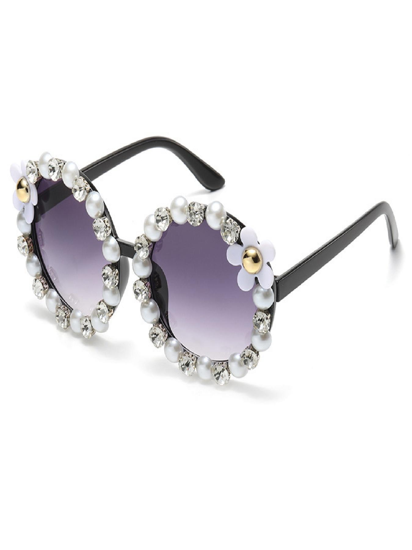Pearl Trim Water Drill Flower Sunglasses, Gradient Lens, Perfect for Wedding, Party, Beach, Music Festival, Daily Wear, Date Night