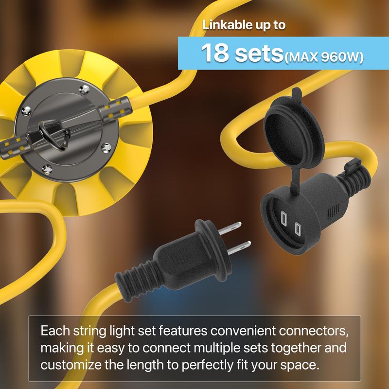 HYPERLITE Construction String Lights: 50FT/100FT 5/10 Bulbs String Work Lights with Climbing Hooks - IP65 Waterproof Linkable LED Construction String Lights for Job Site Attic Renovation Crawlspace Lighting，Outdoor，Jumpstart newyear