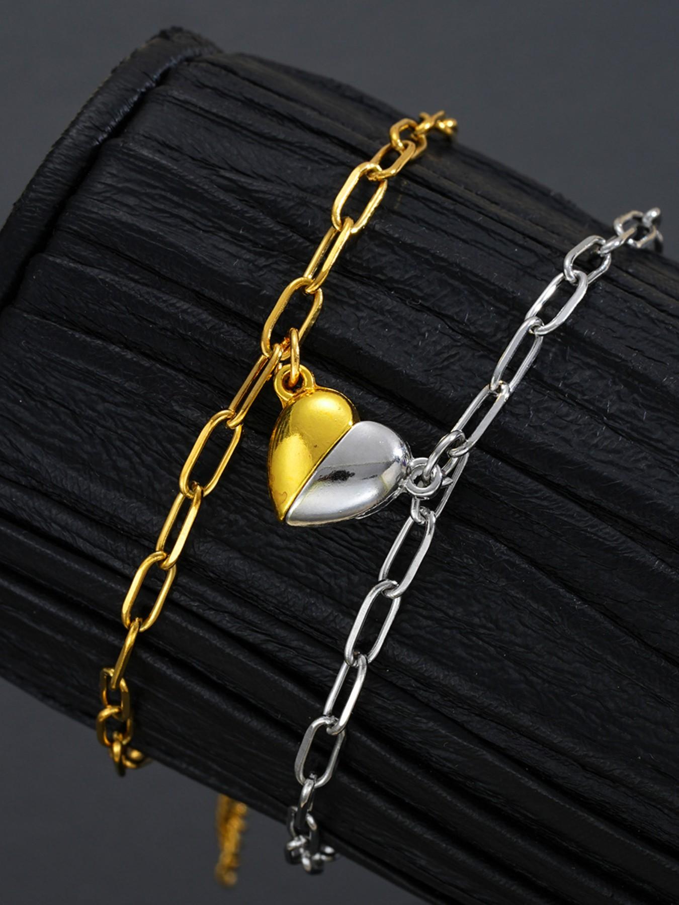 Magnetic Heart Couple Bracelets Set, Matching Split Heart Link Chain Bracelets For Lovers, Dainty Attractable Heart Wrist Jewelry, Minimalist Matching Bracelet Gift For Couples, Long Distance Relationship, Anniversary, Valentine's Day Present