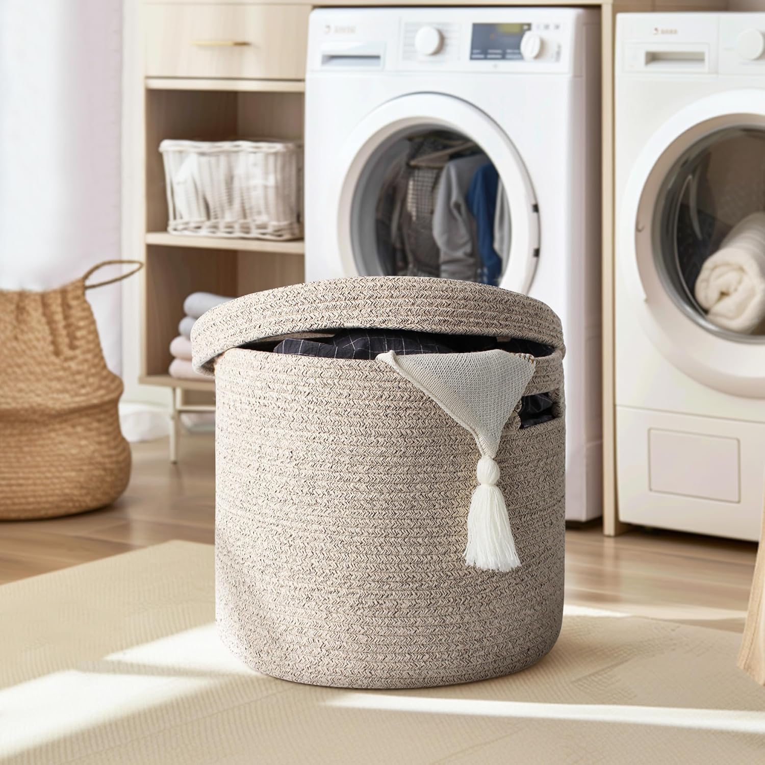 Storage Basket with Lid, Woven Blanket Storage for Living Room, Soft Rope Bin with Lid, Round Wicker Laundry Basket with Cover, Lidded Bin, Organizer, 15" x 13" Storage Basket with Lid, Woven Blanket Storage for Living Room, Soft Rope Bin with Lid, Round Wicker Laundry Basket with Cover, Lidded Bin, Organizer, 15" x 13"