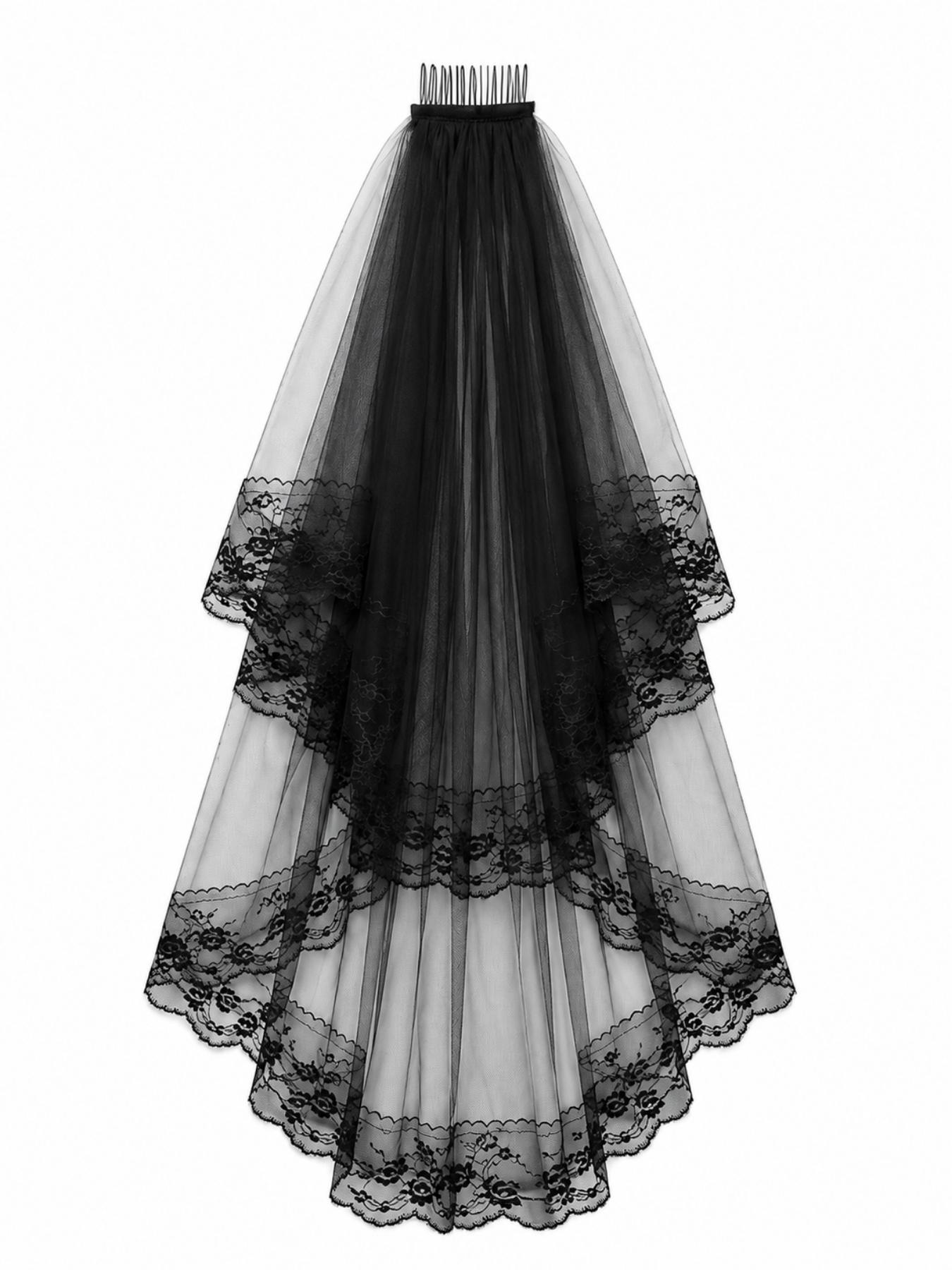 Gothic 2-Layer Tulle Wedding Veils with Floral Lace Edge & Comb, Classic Black Bridal Headwear, Perfect for Halloween Party, Cosplay Outfit, Dark Wedding and Spooky Themed Events