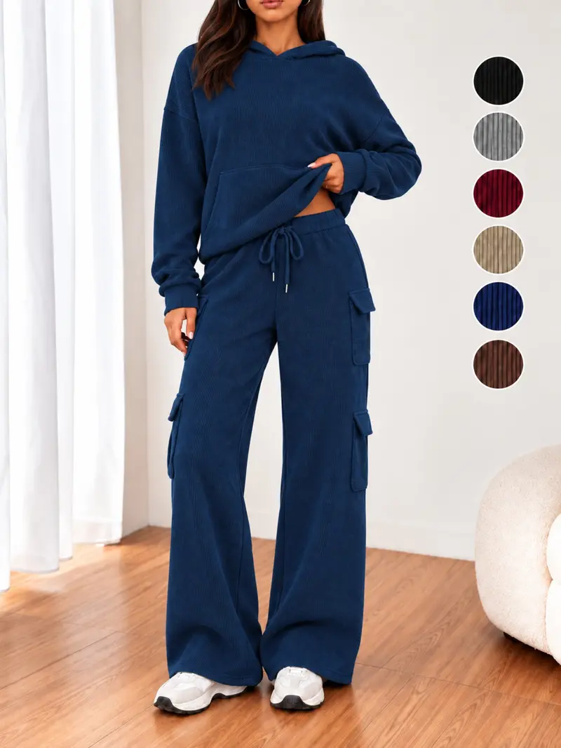 Women’s 2 Piece Ribbed Hoodie Set, Long Sleeve Pullover & Wide Leg Cargo Pants, Casual Lounge for Fall Winter, Holiday Gift Women’s 2 Piece Ribbed Hoodie Set, Long Sleeve Pullover & Wide Leg Cargo Pants, Casual Lounge for Fall Winter, Holiday Gift