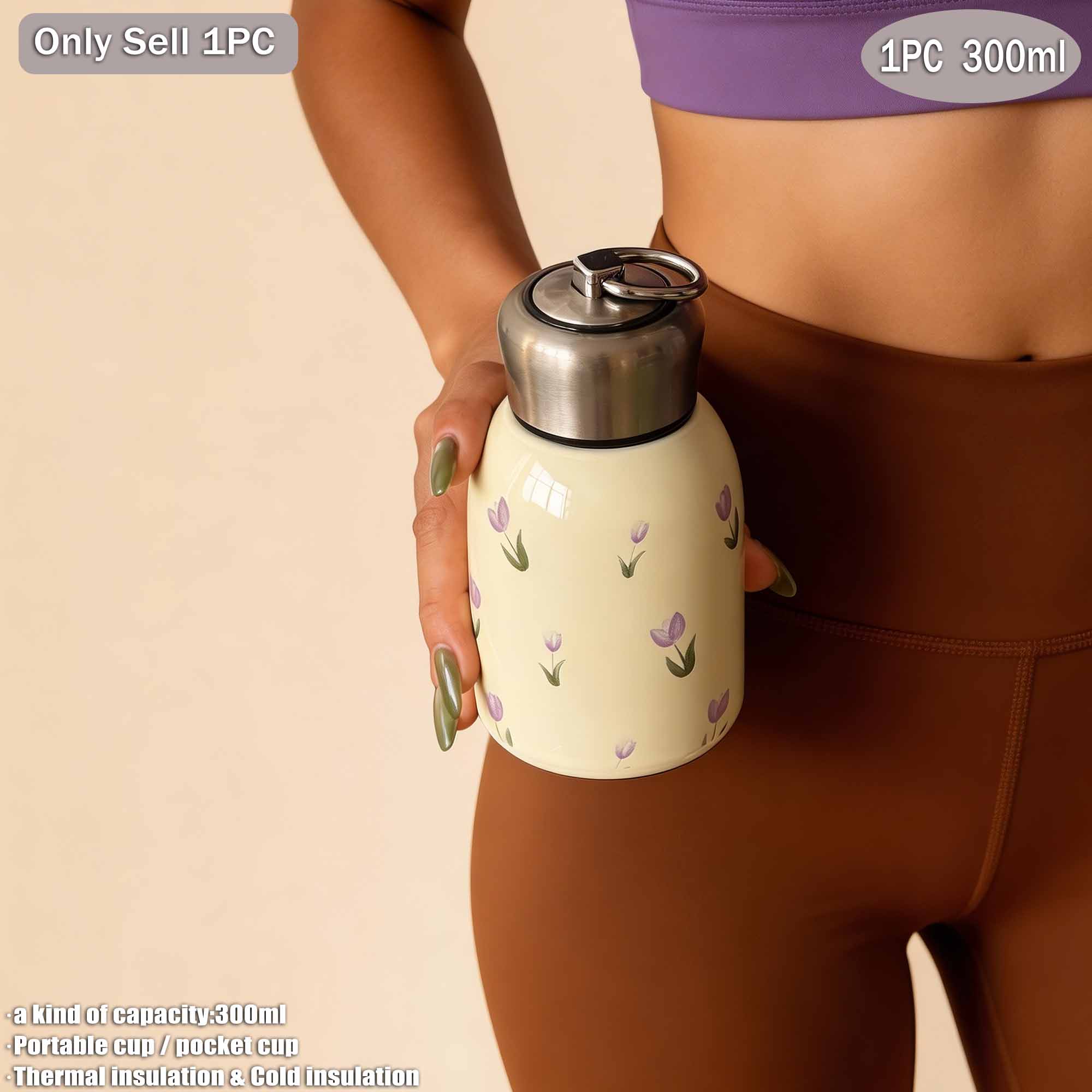 300ML Tulip Theme Dual-Layer Stainless Steel Insulated Cup, Pocket Cup, Travel Mug, Outdoor Water Bottle, Gift for All Occasions
