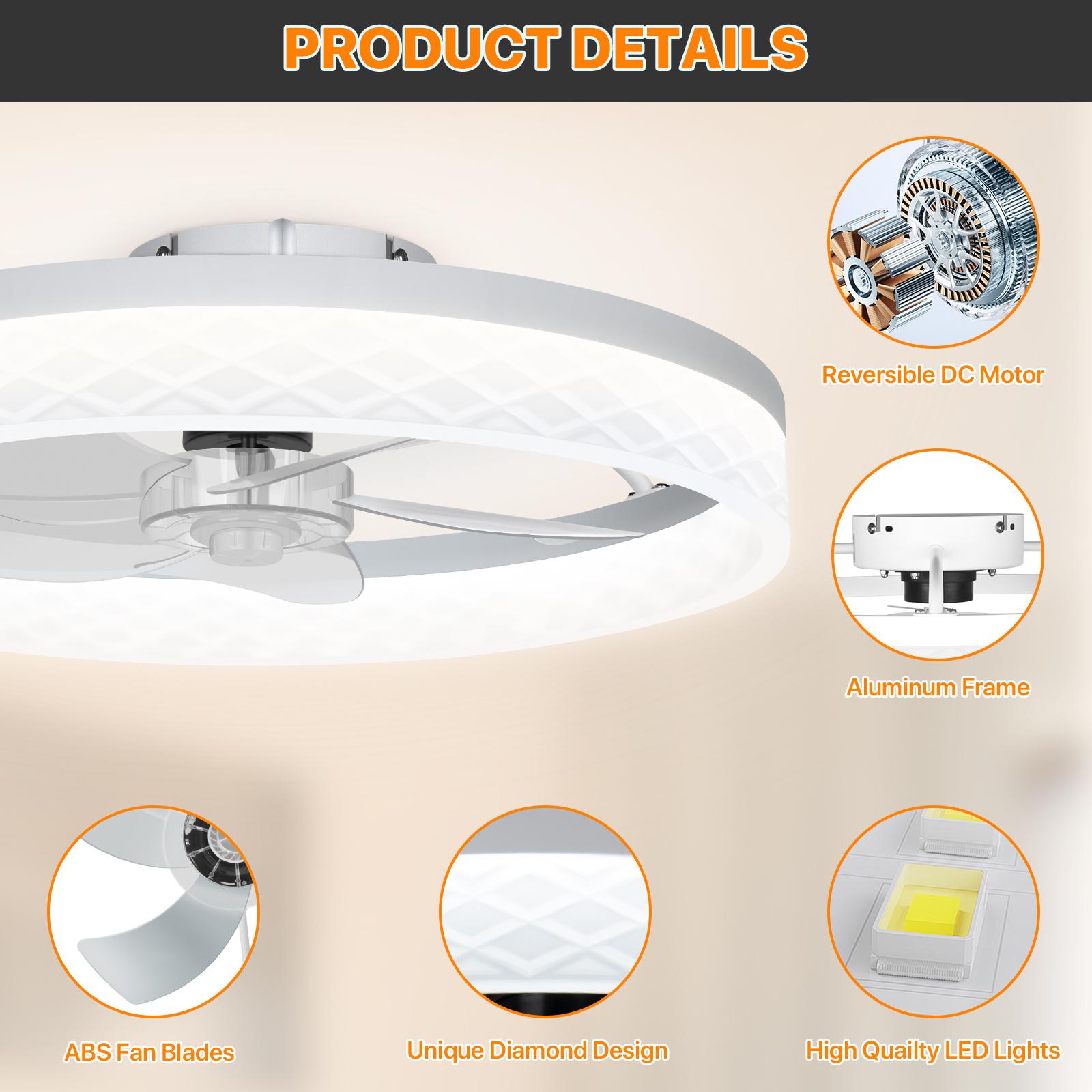 HYPERLITE Ceiling Fans with Lights - 19.7 Inch Flush Mount Ceiling Fan with Remote, 6 Wind Speeds, Reversible DC Motor, Dimmable LED Light with 3 CCT, Modern Ceiling Fan for Bedroom, Kitchen, Black，White，Adjustable Rgb Lighting，Jumpstart newyear