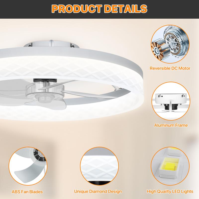 HYPERLITE Ceiling Fans with Lights - 19.7 Inch Flush Mount Ceiling Fan with Remote, 6 Wind Speeds, Reversible DC Motor, Dimmable LED Light with 3 CCT, Modern Ceiling Fan for Bedroom, Kitchen, Black，White，Adjustable Rgb Lighting，Jumpstart newyear