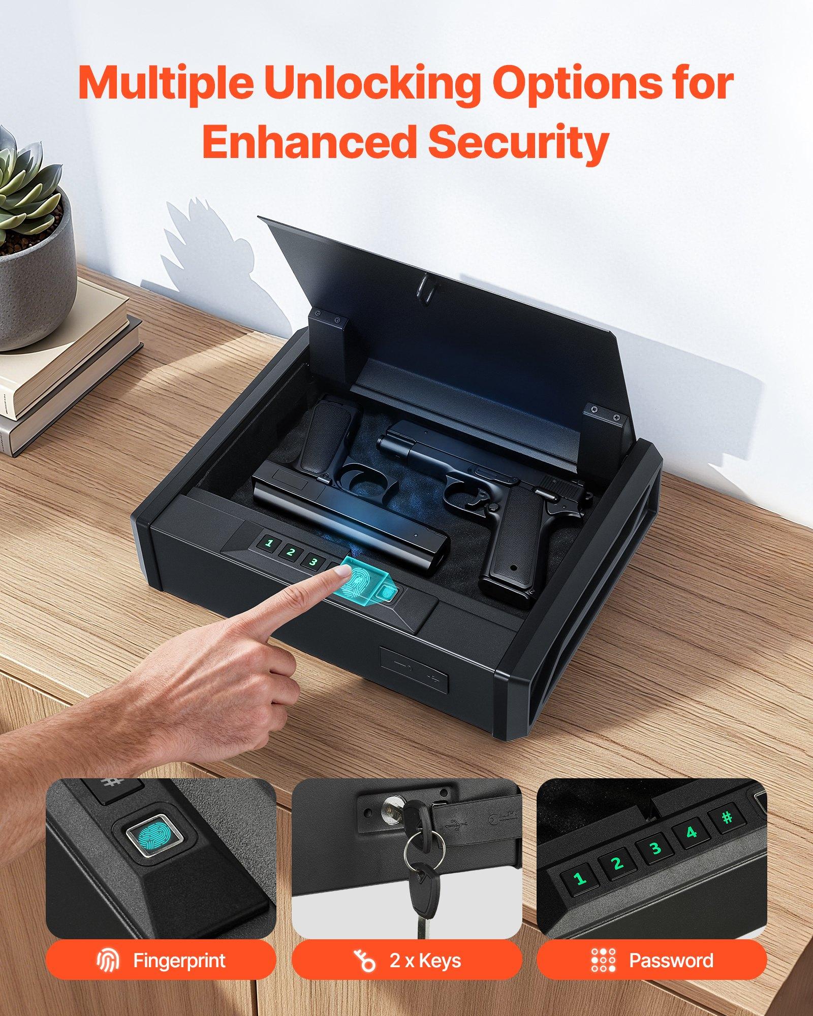 fathersdaygift VEVOR Gun Safe, Heavy Duty Handgun Safe with Fingerprint/Password/Key, 3-Way Quick Access Firearm Case Box with Lighting for 2 Pistols 2 Magazines, Pistol Gun Box for Nightstand Bedside Desk Car