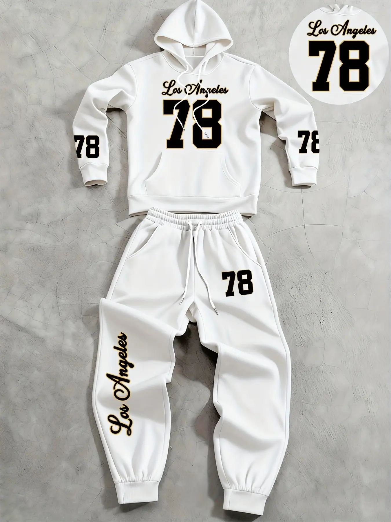 Unisex Vintage West Coast Streetwear Matching Sweatsuit, Light Gray Soft Fleece Hoodie & Jogger Pants Set, Los Angeles Letter Number 78 Graphic Print, Drop Shoulder Hoodie Cuffed Sweatpants, Casual Athletic Tracksuit For Spring Autumn Daily Skate Gym Outf