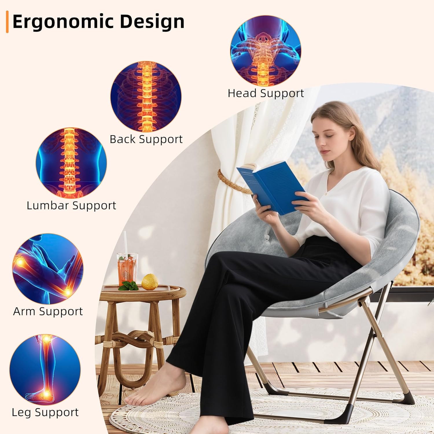 Comfy Oversized Saucer Chair, Soft Faux Fur Folding Moon Chair, Thick Padded Reading Lounge Chair with Stable Metal Frame for Living Room, Dorm, Office