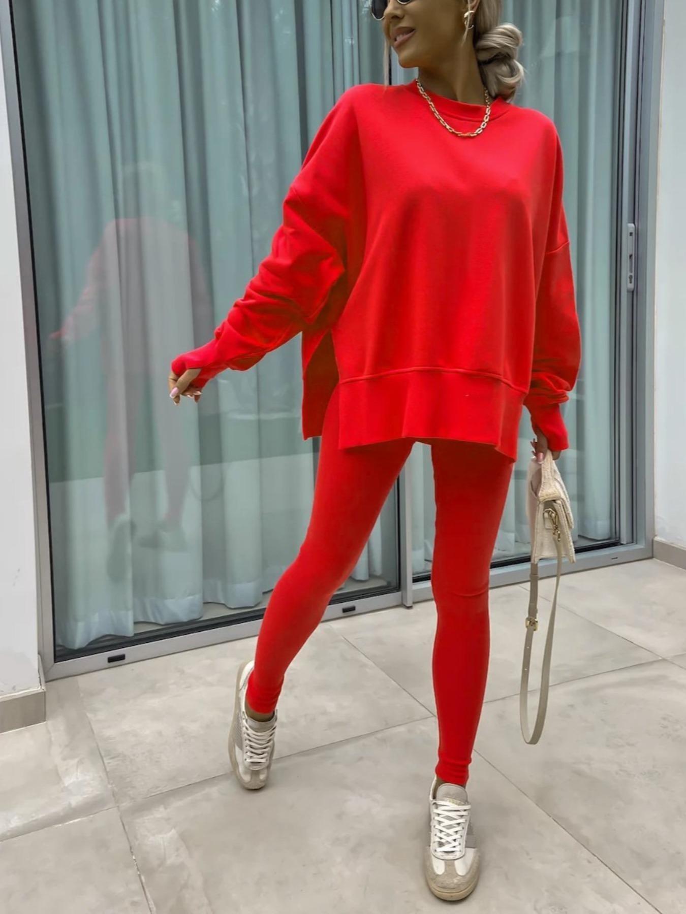 Women's Solid Drop Shoulder Split Hem Sweatshirt & Pants Two-piece Set, Athleisure Wear Set, Casual Fashion Cozy Breathable Outfits for Daily Outdoor Wear, Ladies Sportswear for All Seasons