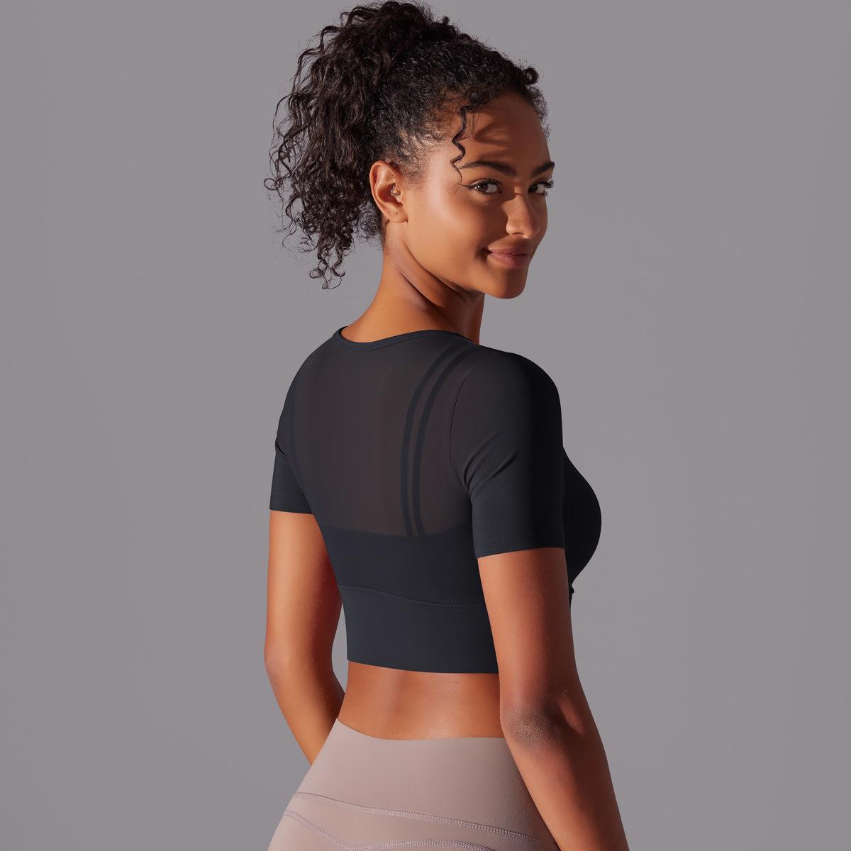 Classic Solid Color Mesh Stitching Double-Layer Short Sleeve Racerback Bra Top Women - Running, Fitness, Yoga Workout Top1123