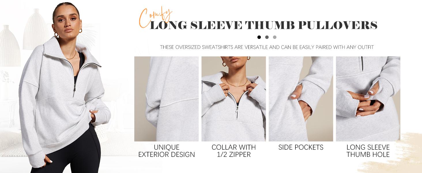 Goranbon Women's Half Zip Sweatshirts Fleece Stand Collar Long Sleeve Thumb Hole Oversized Pullovers with Pockets