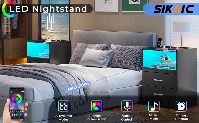 Sikaic LED Nightstand With Charging Station Drawers Furniture Bedroom Table Home Modern Design Bedside Makeup Dressing Desk