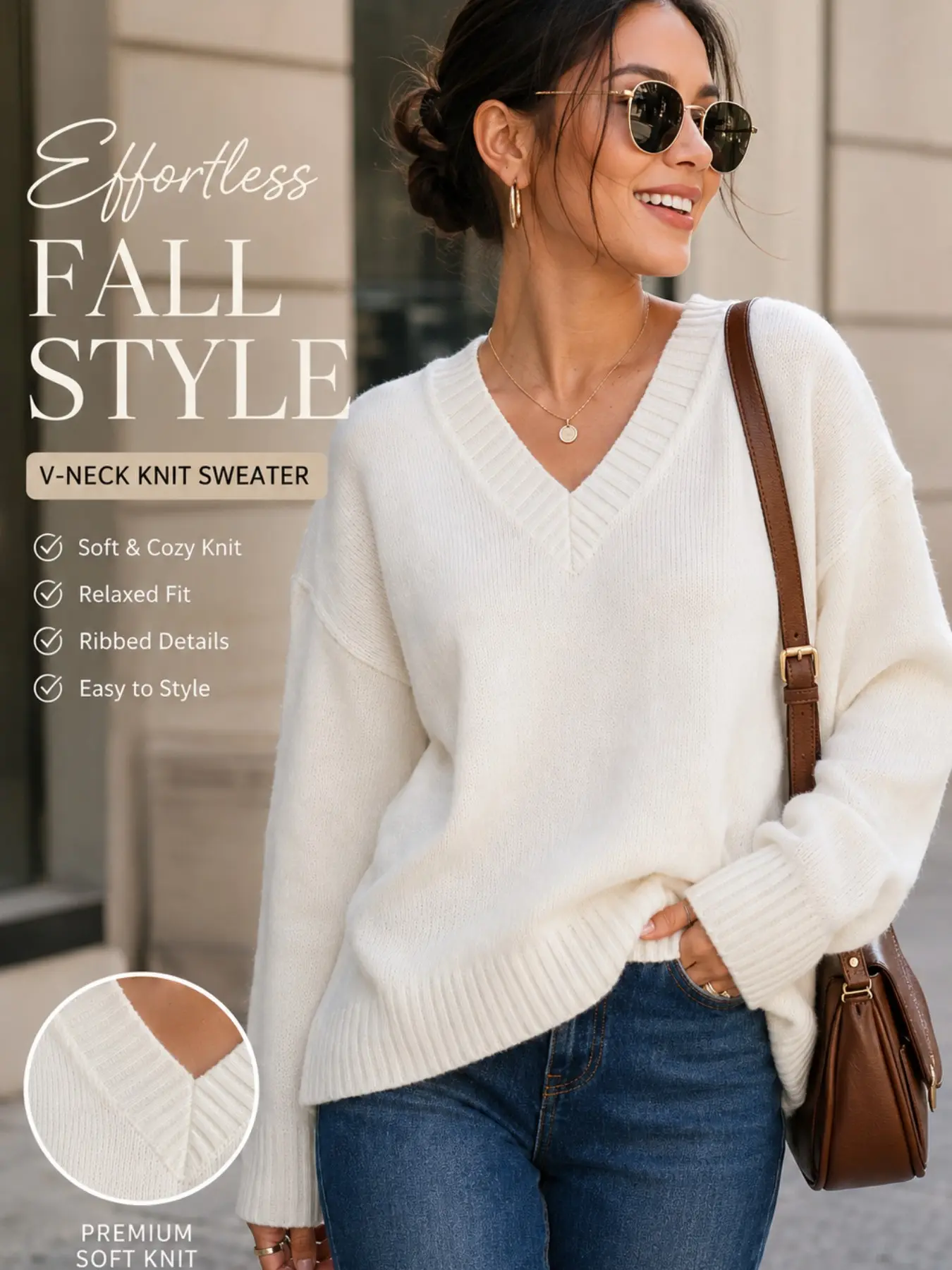 1PC Women's Oversized V-Neck Knit Sweater, Soft Fuzzy Drop Shoulder Pullover, Loose Long Sleeve Ribbed Cuff Knitwear Tops Solid Color Knitwear for Fall/Winter Casual Fit Style