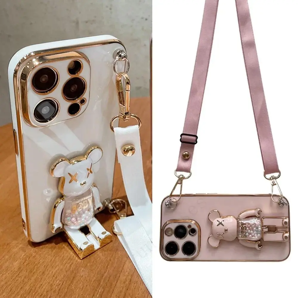Plating Cover Quicksand Bear Stand Phone Case with Lanyard Strap, Ring & Dustproof Design for iPhone 15 14 13 12 11 Pro Max 7 8 Plus, Scratch Resistant