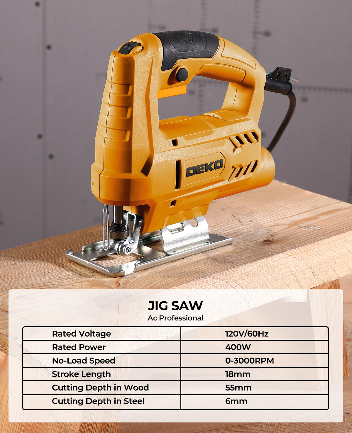 DEKO 400W Electric Jigsaw | 8 Blades Included | 0-3000RPM Variable Speed | 45° Bevel Cutting | Multi-Purpose Power Tool for Wood, Metal & DIY | Professional Cutting Saw