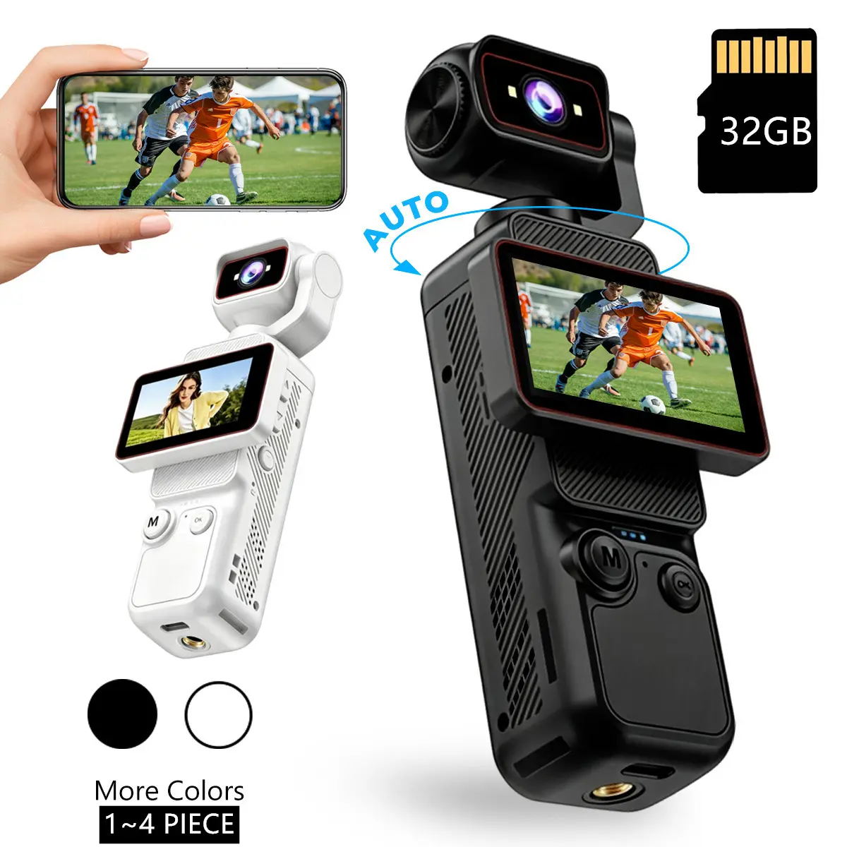 HD Pocket Action Camera, with 180° Auto Rotating Lens,Manually flip the screen, WiFi Connectivity, Vlogging Camera, Compact Vlog Camera, 6X Digital Zoom, one-button recording for travel and daily moments, Mini Action Camera